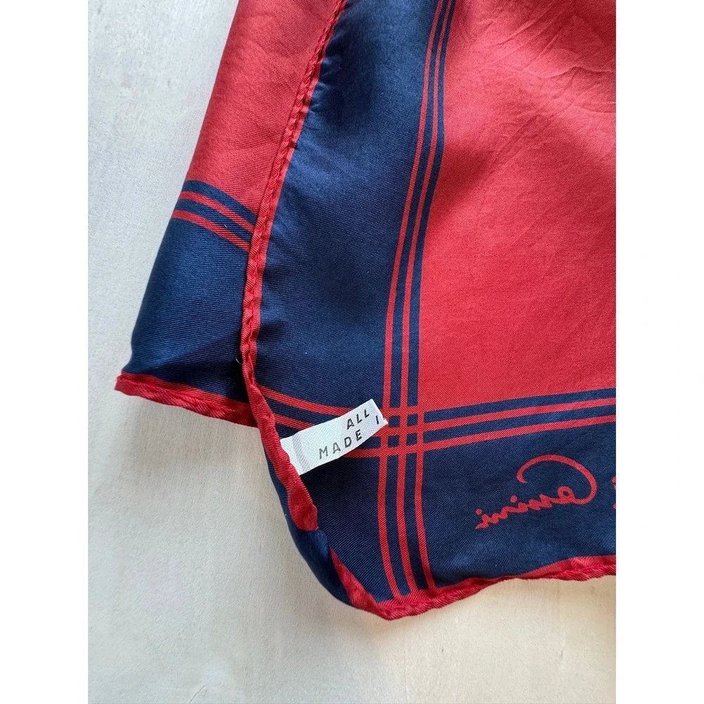 Oleg Cassini Red Navy Blue Silk Square Scarf Made in Italy Hand Rolled 26in